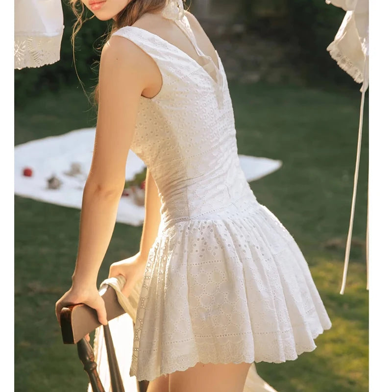Front Button Hollow Out Embroidery White Tank Dress For Women Sleeveless Low Waist A-line Mini Holiday Summer Dresses voguable