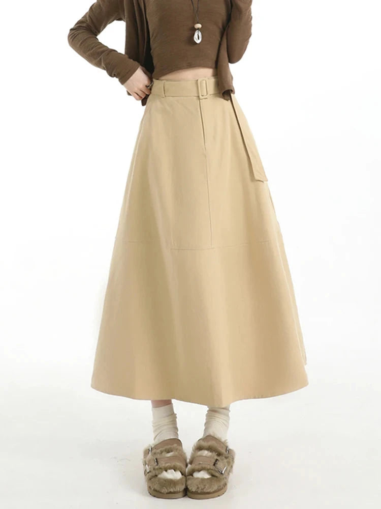 Retro Belt Long Skirt Women Casual Sweet High Waist A Line Skirts Preppy Style Fall Winter Lady Korean Vintage Long Skirts voguable
