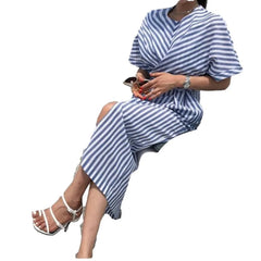 Voguable  spot blue and white stripe V-neck -strap dress summer new style European and American style vacation medium and voguable