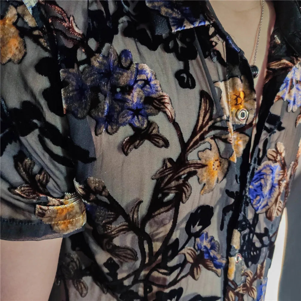 Colorful Flowers Pattern Velvet Shirt Men Transparent Short Sleeve Sexy Shirt Social Club Outfits Party Men Designer Shirt voguable