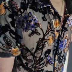 Colorful Flowers Pattern Velvet Shirt Men Transparent Short Sleeve Sexy Shirt Social Club Outfits Party Men Designer Shirt voguable