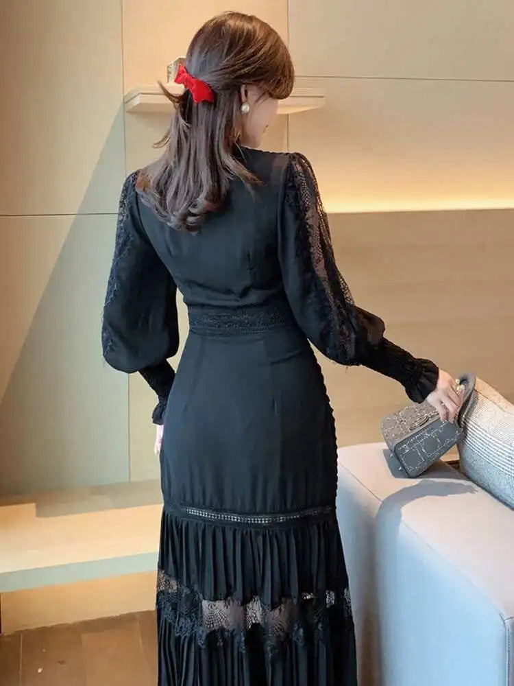 V-neck Lantern Sleeve Lace Stitching Midi Dress Female Clothing Slim Party Dresses For Women Elegant 2025 Summer New voguable