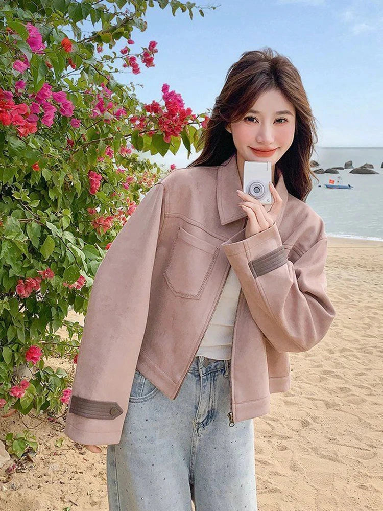 Pink Y2K Faux Suede Jacket Women Vintage Streetwear Long Sleeve Loose Coat Korean Casual Harajuku Fall Winter Outwear Tops voguable