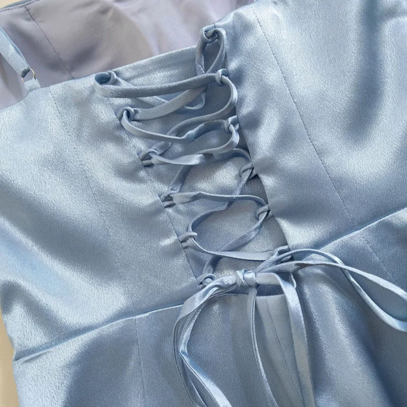 Fashion Folds Slim Dress Women's Irregular Ruffled Edge Waist Cinching Suspender Dresses 2025 Summer New Tide 3QW1329 voguable