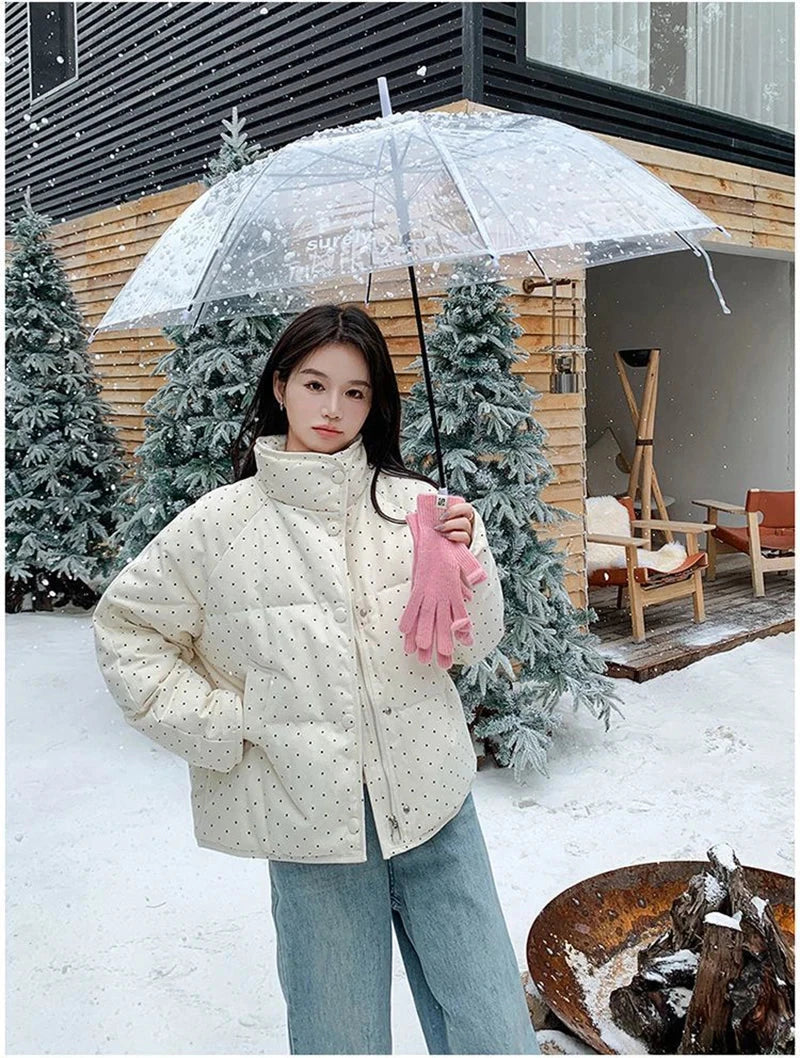 Dot Sweet Warm Parkas Women Long Sleeve Retro Winter Thick Cute Cotton Coat Casual Stand Collar Pockets Korean New Jacket voguable