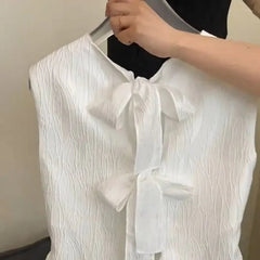 Voguable  Elegant Fashion O-neck Bow Lace Up Tank Top Summer New Ruffles Vest for Women Y2k Irregular Sleeveless Blouses voguable