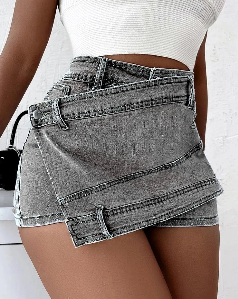 Voguable  Fashion Irregular Splicing Women's Denim Shorts Summer High Waisted A-line Jean Skirt Shorts Woman Slim Washed Blue Cowboy Pants voguable
