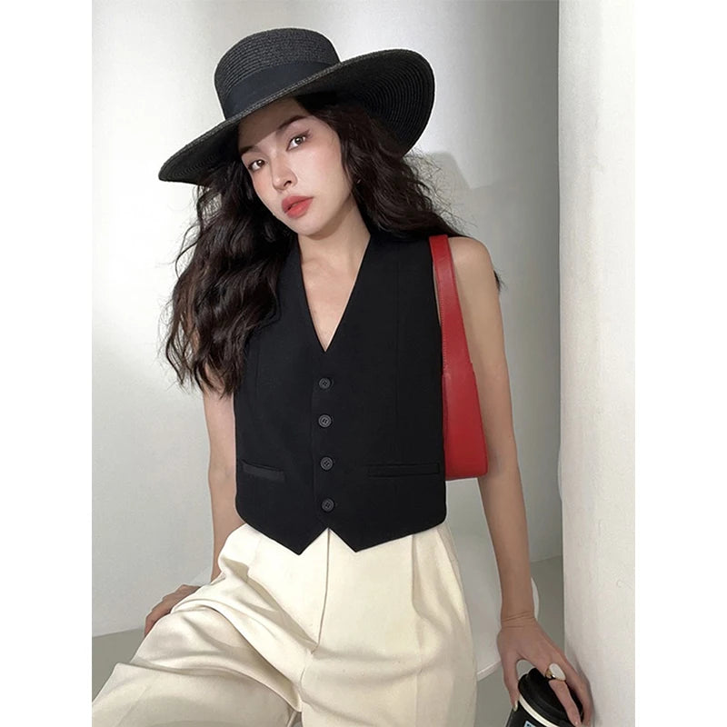 MEXZT Elegant Cropped Blazer Vest Women Vintage Black Suit Waistcoat Jackets Korean White Sleeveless Coat V Neck Outwears Tops voguable