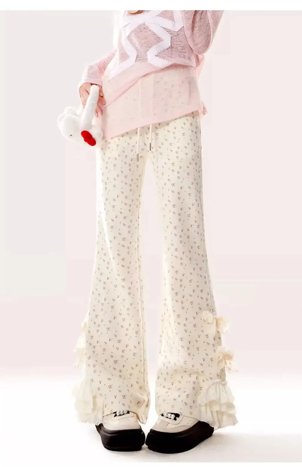 Bow Lace Floral Trousers for Women in Spring and Autumn New Casual Trousers Slim Pants for Daily Korean voguable