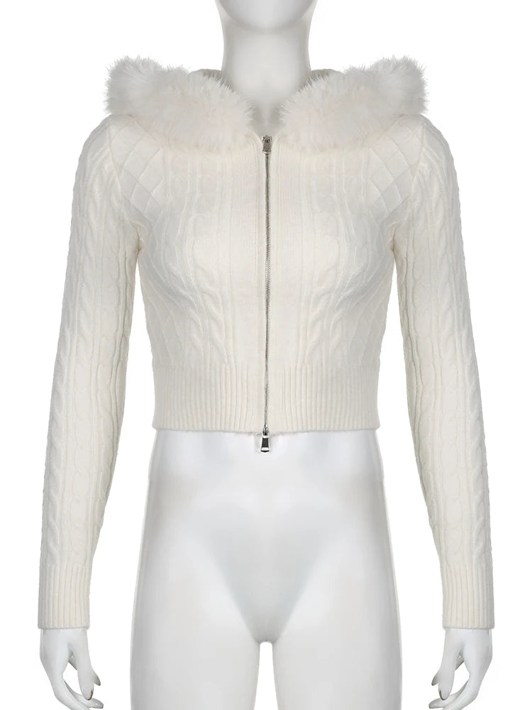Voguable Furry Hooded Sweaters Coat Autumn Winter Women Casual Hoodie Y2K Zipper Cropped Sweater Jacket Korean Female Knitwear voguable