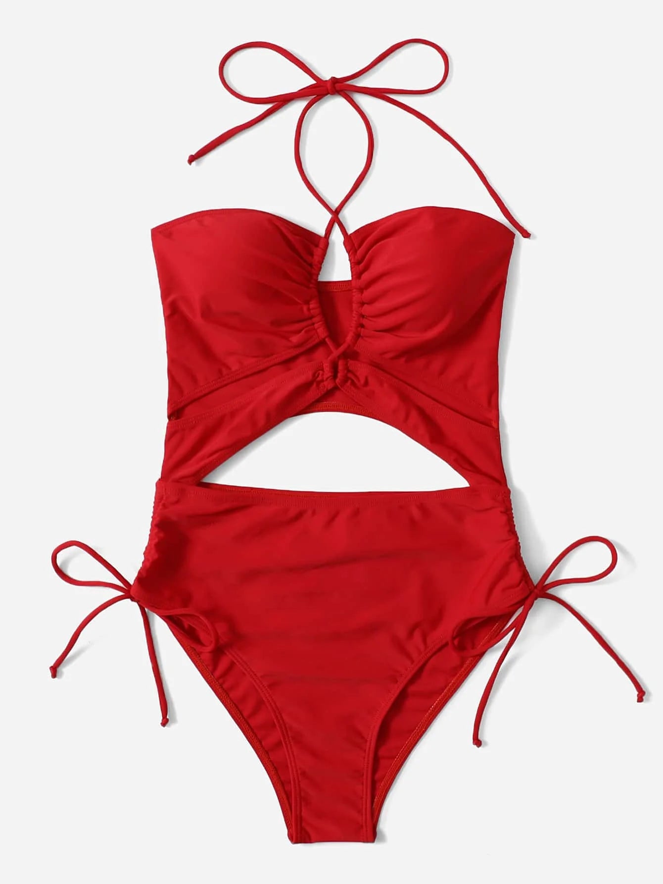 Voguable  Drawstring Swimsuit Solid Cut Out Knot Halter One Piece Swimwear Women Padded Bathing Suit Female Swimming Summer Beachwear voguable