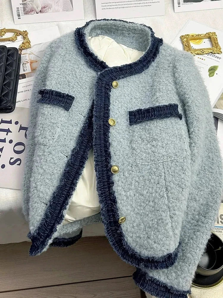 Sweet Thick Warm Tweed Jacket Women O Neck Long Sleeve Winter Cotton Coat Elegant Fashion Patchwork Korean Chic Outwear Top voguable