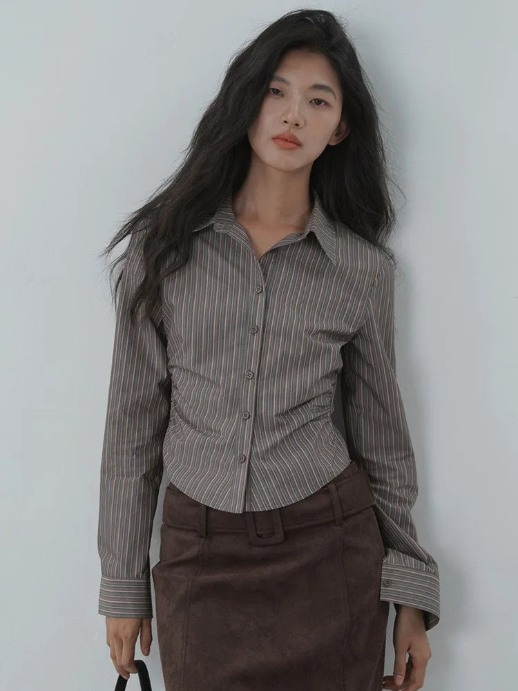 American Retro Slim Striped Shirt Fall Long Sleeve Harajuku Y2K Blouse Casual Vintage Female Streetwear Gothic Hip Hop New Tops voguable