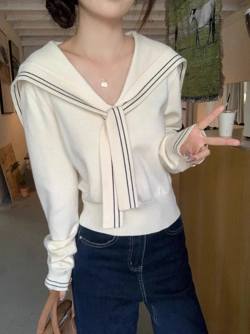 Sweet Sailor Collar Sweaters Women Vintage Preppy Style Fall Knitted Jumpers Casual Long Sleeve Lady Loose Striped Pullover New voguable