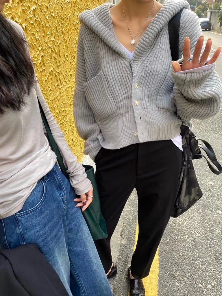 Women's Hooded Cardigan Button Up with Pocket Knitted Sweater Hoodie Slouchy Knitwear Fall Winter Casual Chic Outfit voguable