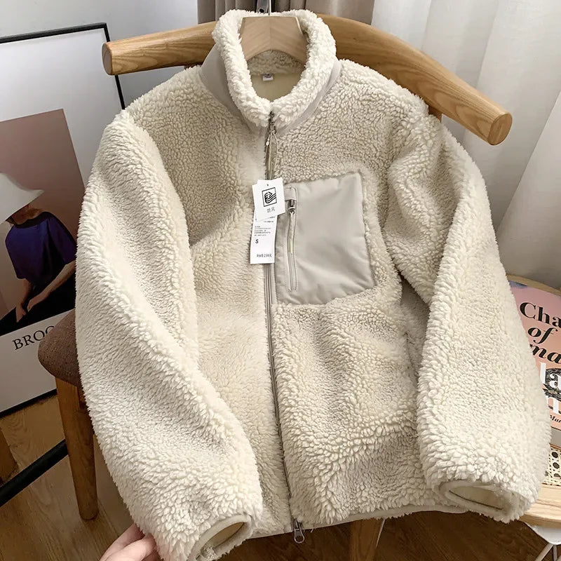 Autumn Winter Lambswool Coat Male Loose Windproof Warm Sherpa Stand Collar Polar Fleece Jacket Unisex Simple  Pocket Spliced Top voguable