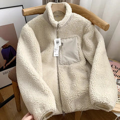 Autumn Winter Lambswool Coat Male Loose Windproof Warm Sherpa Stand Collar Polar Fleece Jacket Unisex Simple  Pocket Spliced Top voguable