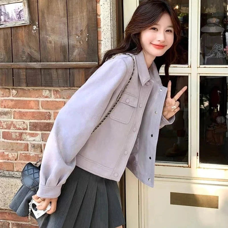 Purple Sweet Faux Suede Jacket Women Casual Vintage Korean Long Sleeve Coat Fall Winter Preppy Style Retro All Match Tops voguable