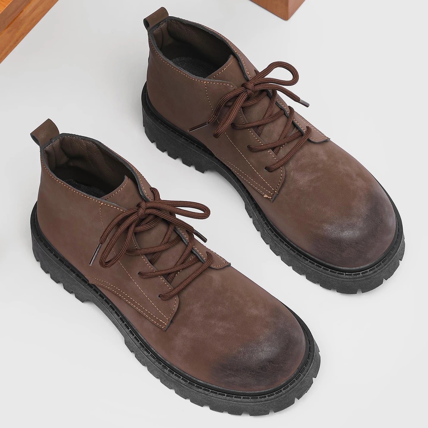 Voguable  Unisex Height Increasing Leather Boots – Vintage Round Toe Lace-Up Thick Bottom Ankle Shoes for Fall Winter Daily Wear voguable