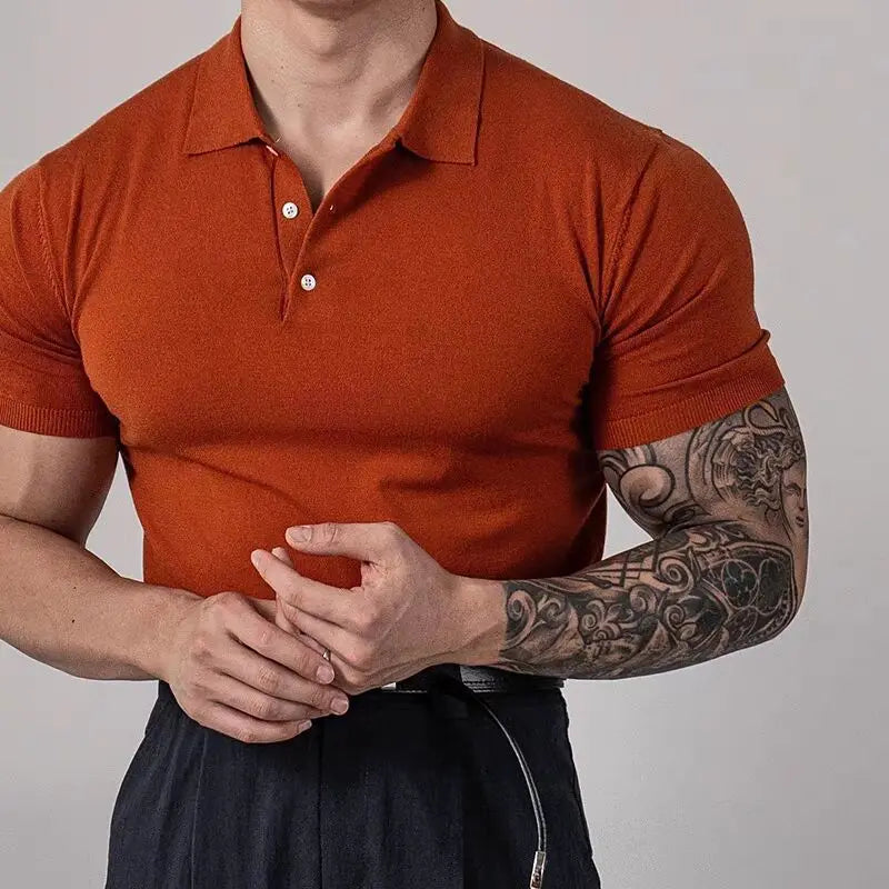 Voguable  American Style Hard Man  Color Ice Silk  Shirt Muscle Men Slim Short Sleeve Workwear T-Shirt Tight Sleeve Casual Gol... voguable