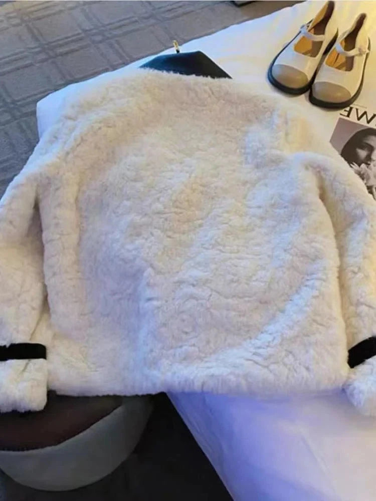 Women Sweet Bow Faux Lamb Coat Fashion Korean Long Sleeve Winter Warm Jacket Chic Slim Patchwork Elegant Pockets Outwear voguable