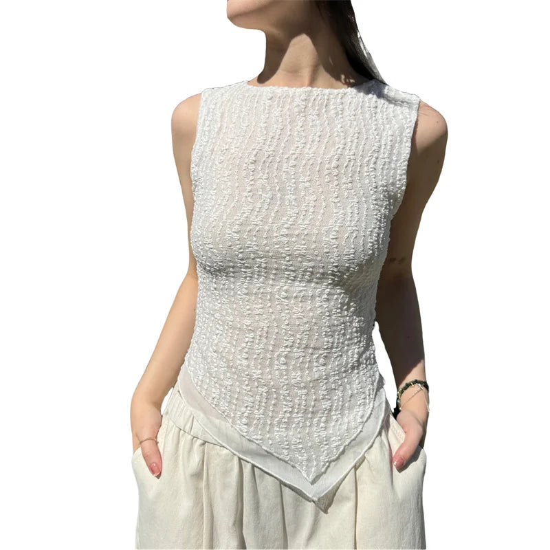 Irregular Tank Top y2k Clothes Women Solid Color Round Neck Sleeveless T Shirt Vest 2000s Aesthetic Clothing Streetwear voguable