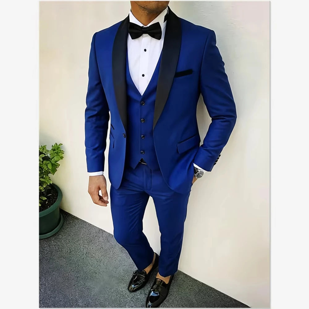 Voguable  Luxury 3pcs Men'S Slim Fit Groomsmen Suit  Dark green Jacket Vest Pant With Non-Stretch Fabric and Color Block Pattern voguable