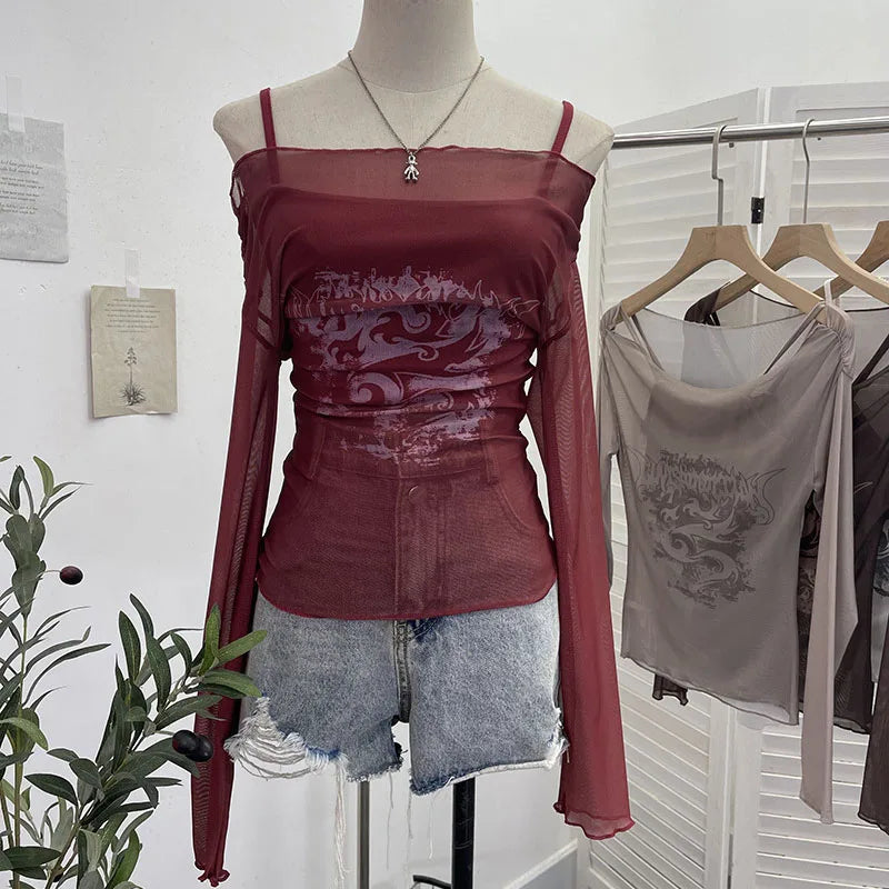 Sexy Slash Neck Mesh Sunscreen T Shirt Y2K Streetwear Print Long Sleeve Patchwork Camis Suit Fashion Folds Slim All Match Tees voguable