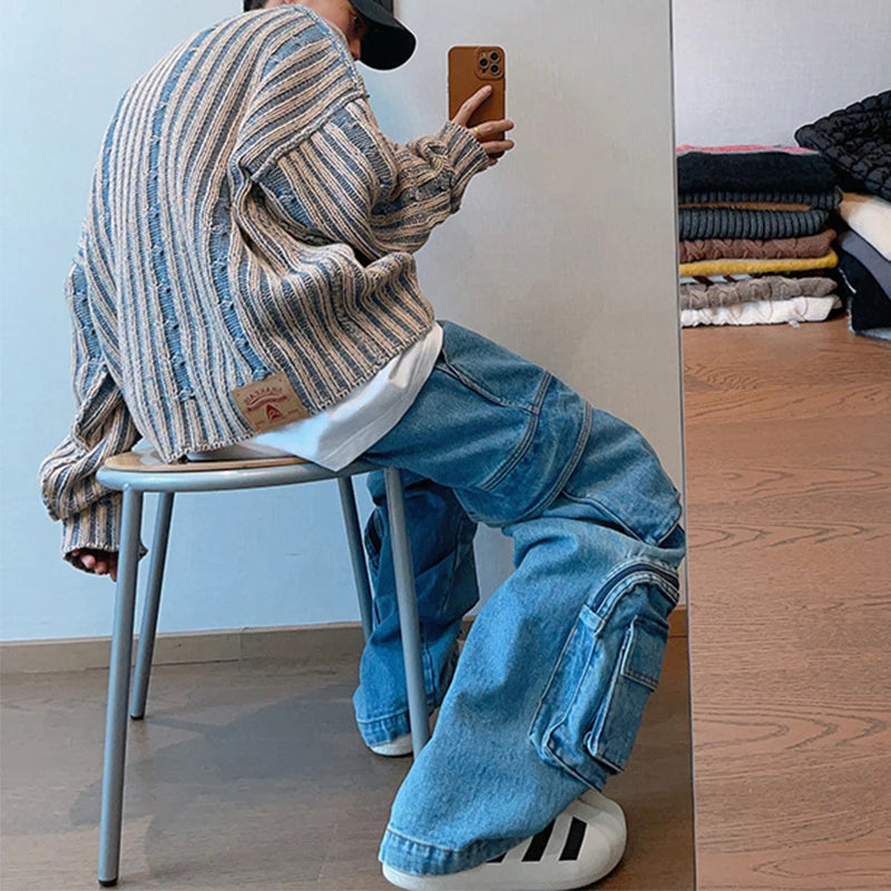 Voguable  Fashionable Striped Knitting Sweaters Men Autumn Streetwear Y2K Loose O Neck Long Sleeve Knit T-shirts Mens Vintage Sweater Tops voguable