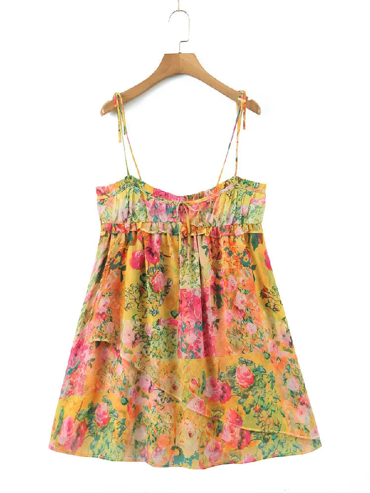 Bow Ruched Bra Corset Style Flower Print Spaghetti Strap Mini Dress Women Backless Skater Lacing up Sling Robe Holiday voguable