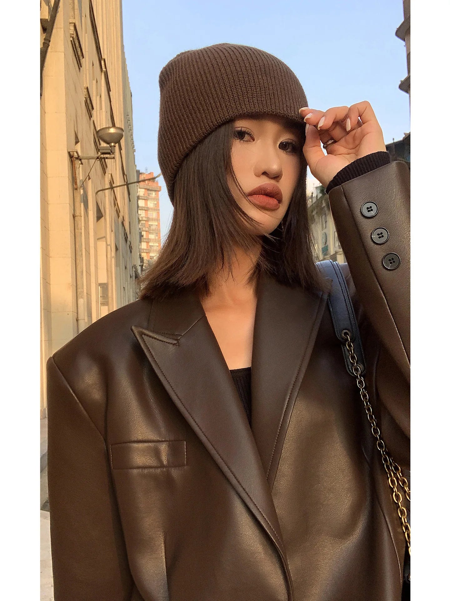 Women Black Brown Soft PU Leather Blazer Shoulder Pads Long Sleeve Single Breasted Loose Casual Jacket Tops Korean Fashion Coat voguable