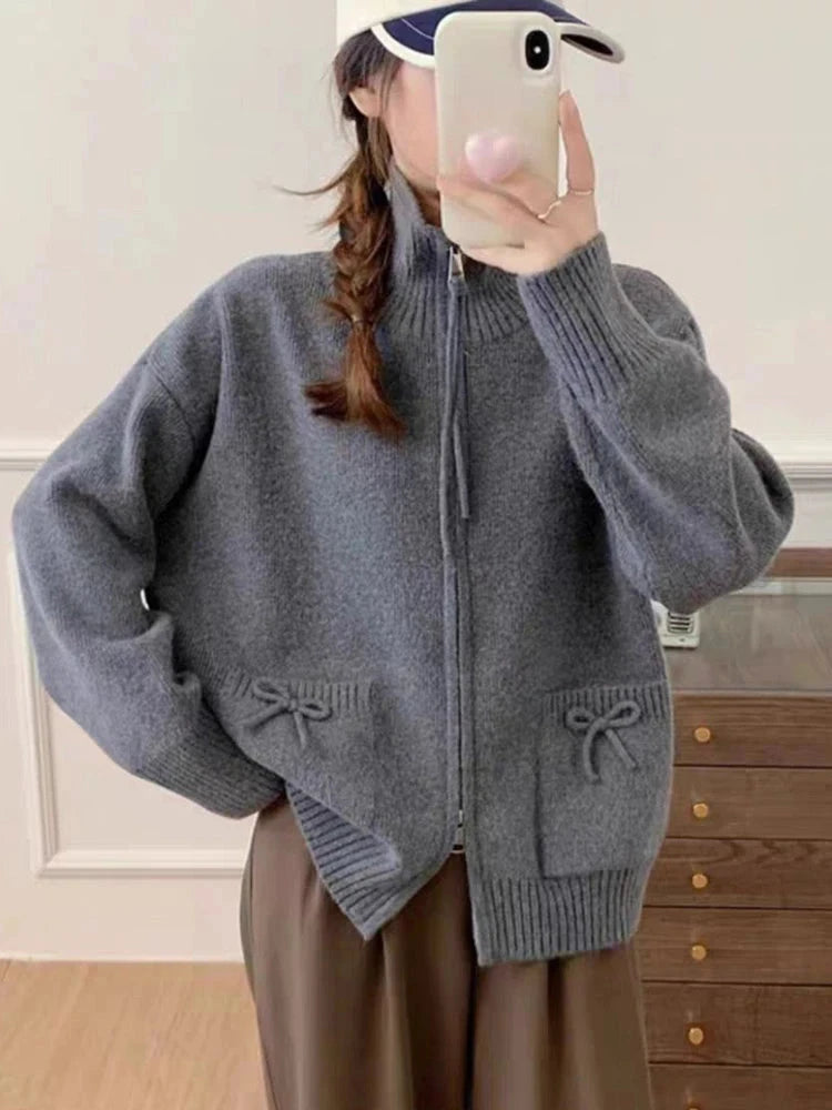 Korean Bow Cardigan Women Lazy Wind Double Zipper Long Sleeve Knitted Jacket Vintage Sweet Casual Preppy Style Tops Coat voguable