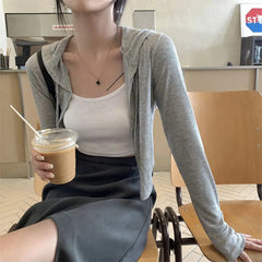 Voguable  Summer Fall Short Jacket Ribbed Long Sleeve Hooded Tops Women Autumn Outerwear Thin Coat Korean Style Cropped Cardigan voguable