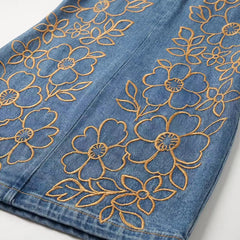 Voguable  Women Sleeveless Denim Mini Dress Golden Floral Embroidery Front Zip Halter Neck Bodycon Short Dress Y2K Streetwear Party Club voguable