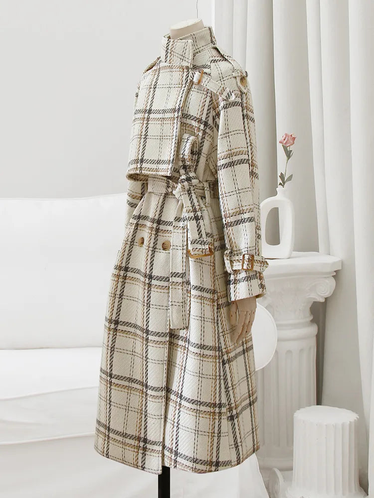 Autumn Winter Long Loose Warm Plaid Wool Blends Trench Coat for Women Raglan Sleeve Belt Double Breasted Woolen Overcoat voguable