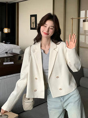 Elegant White Blazer Women Slim Long Sleeve Korean Sweet Suit Coat Casual Fashion Fall Double Breasted Female Chic Short Outwear voguable