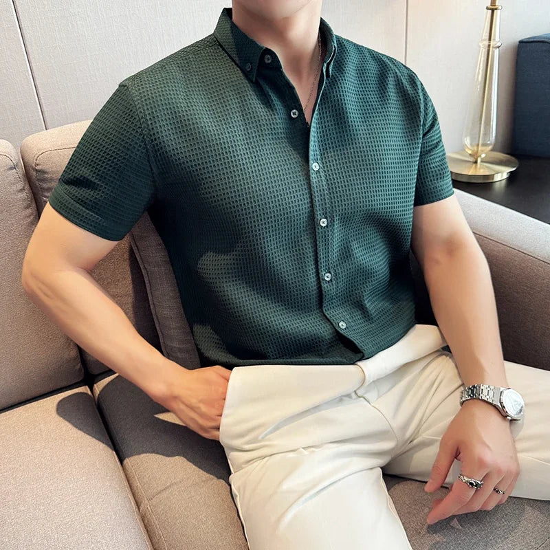 Men Waffle Shirt Short Sleeved 2024 Summer New Thin British Style Business Solid Casual Non Iron Slim Fit Shirt Men's Clothing voguable