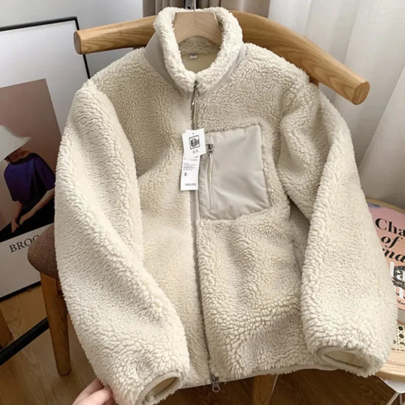 Autumn Winter Lambswool Coat Male Loose Windproof Warm Sherpa Stand Collar Polar Fleece Jacket Unisex Simple  Pocket Spliced Top voguable