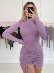 Long Sleeve Ruched Bodycon Dress Women Turtleneck Bandage Mini Dresses Autumn Black Skinny Stretchy Party Vestidos voguable