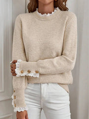 Autumn and winter women's lace decoration round neck long sleeved knitted sweater voguable