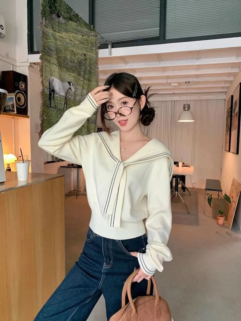 Sweet Sailor Collar Sweaters Women Vintage Preppy Style Fall Knitted Jumpers Casual Long Sleeve Lady Loose Striped Pullover New voguable