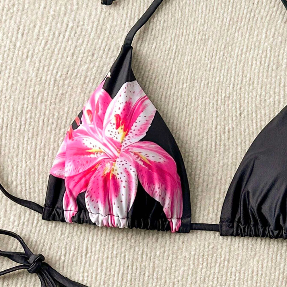 Bikinis Set Summer Fashion Sexy Sleeveless Halter Neck Floral Thong Beach Style Bikinis Set For Women voguable