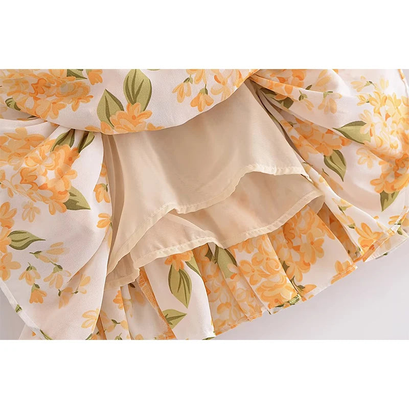 Voguable  Women French Style Floral Print Cake Mini Skirt Vintage Elastic Waist Female Ruffle Hem Summer Chiffon Skirts voguable