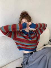Voguable  Vintage Harajuku Striped Sweater Women Sexy Cropped Knitted Pullover American Retro Turn Down Collar Design Casual Tops voguable