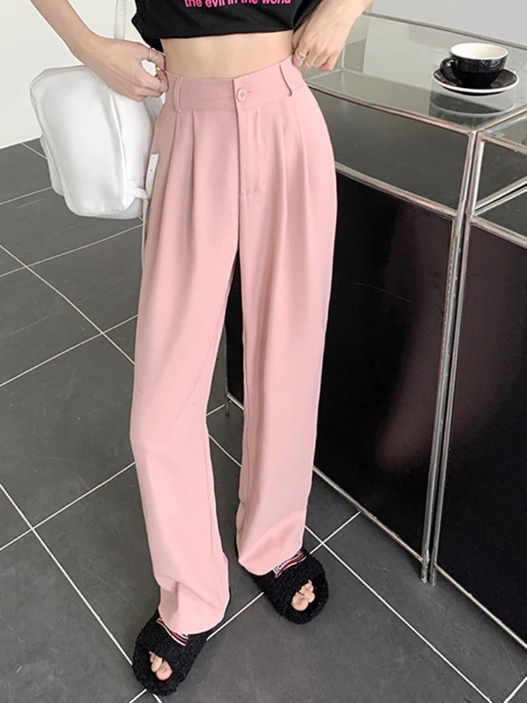 Voguable  Elastic High Waist Women Suit Pants Casual Loose Summer Straight Trousers Korean Simple Solid Female Pant voguable