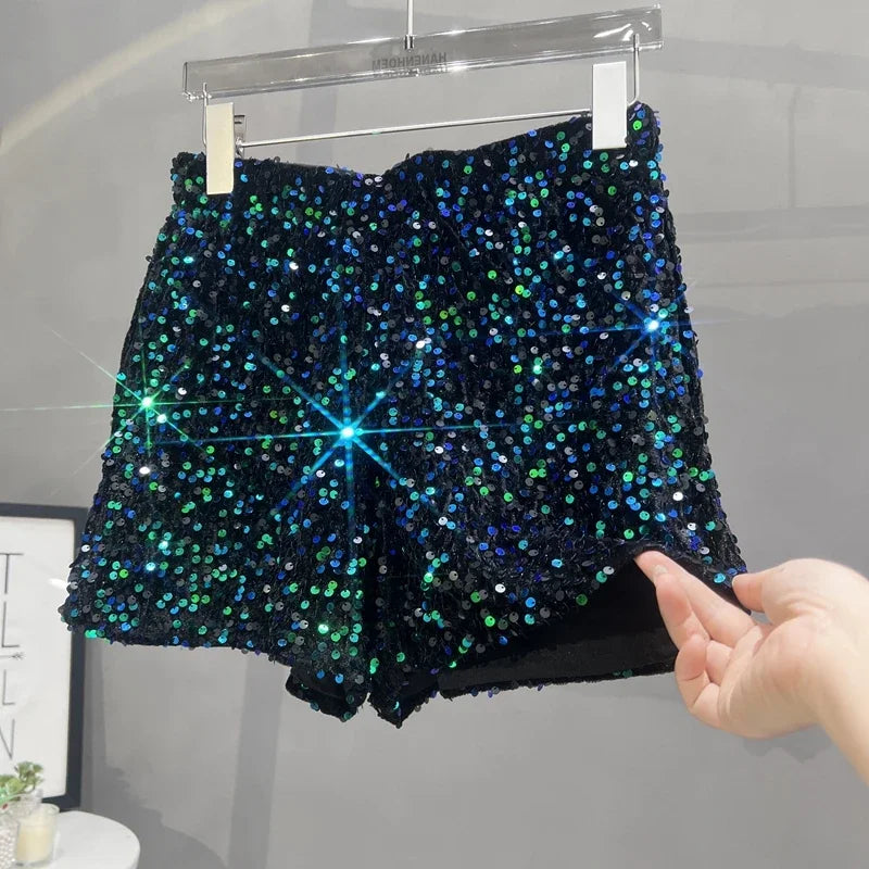 Voguable  Europe and America Sequined Black Shorts Slim Suede Embroidered Beads Grey Casual Pants Women's Hot Pants voguable