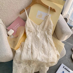 Voguable 2024 Summer Fairy Backless V-Neck Patchwork Lace Suspender Dresses Women's Slim Fit High Waist Chiffon Elegant Mini Dress voguable