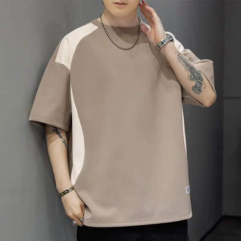Voguable  Contrasted Color Splicing Short-sleeved T-shirt Men's Summer Two-piece Casual Loose Round Neck Pullover voguable