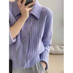 Pink Turn-down Collar Sweater Coats Women Warm Color Knitted Ingle-breasted Striped Fashion Casual Office Lady Cardigans Tops voguable