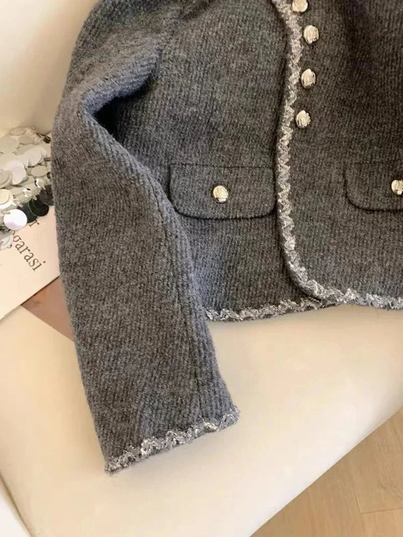 Gray Faux Woolen Coat Women Elegant Slim Vintage Long Sleeve Coat Casual O Neck Korean Retro Female Fall Winter Tops New voguable